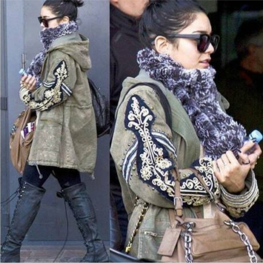 Free People Golden Quills Embroidered Olive Green Military Jacket
